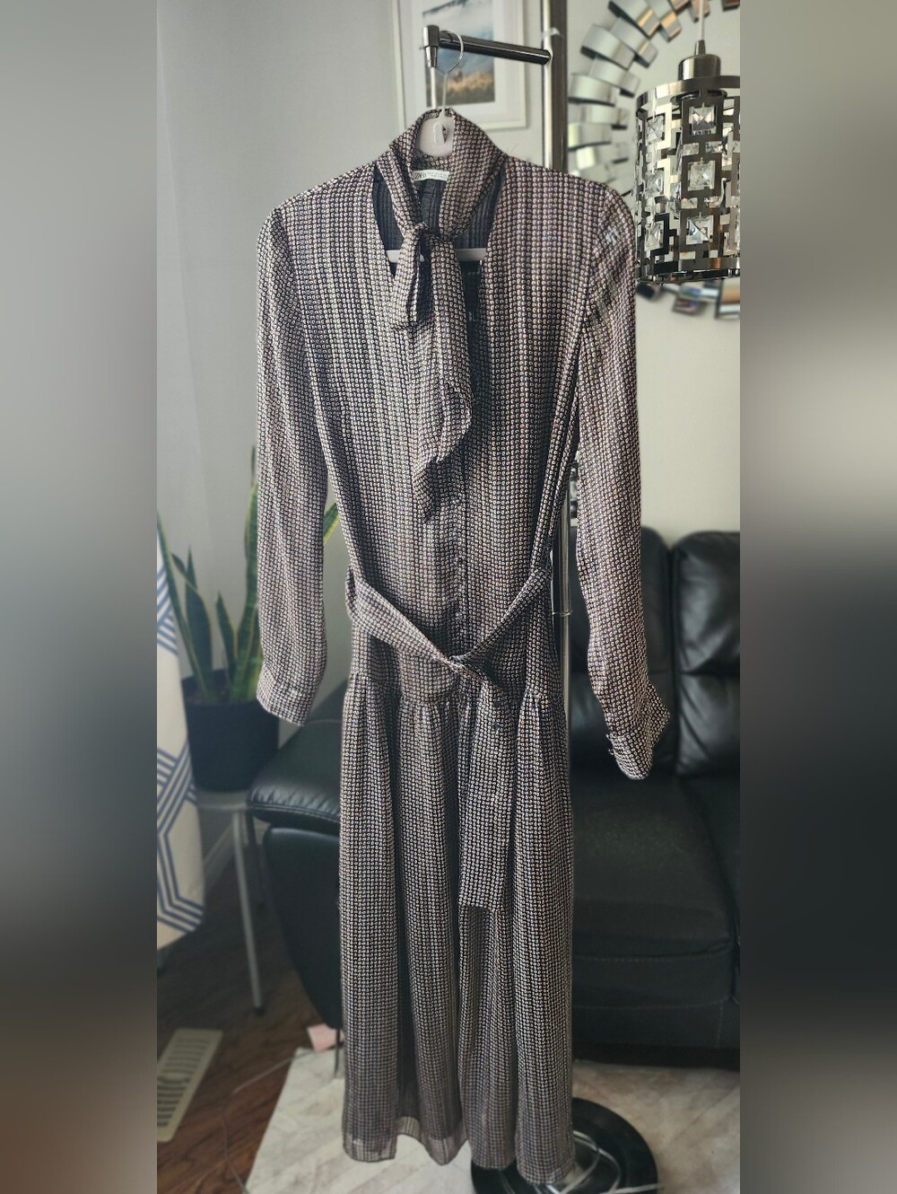 Zara Black and White Long Sleeve Midi Dress with Tie Neck